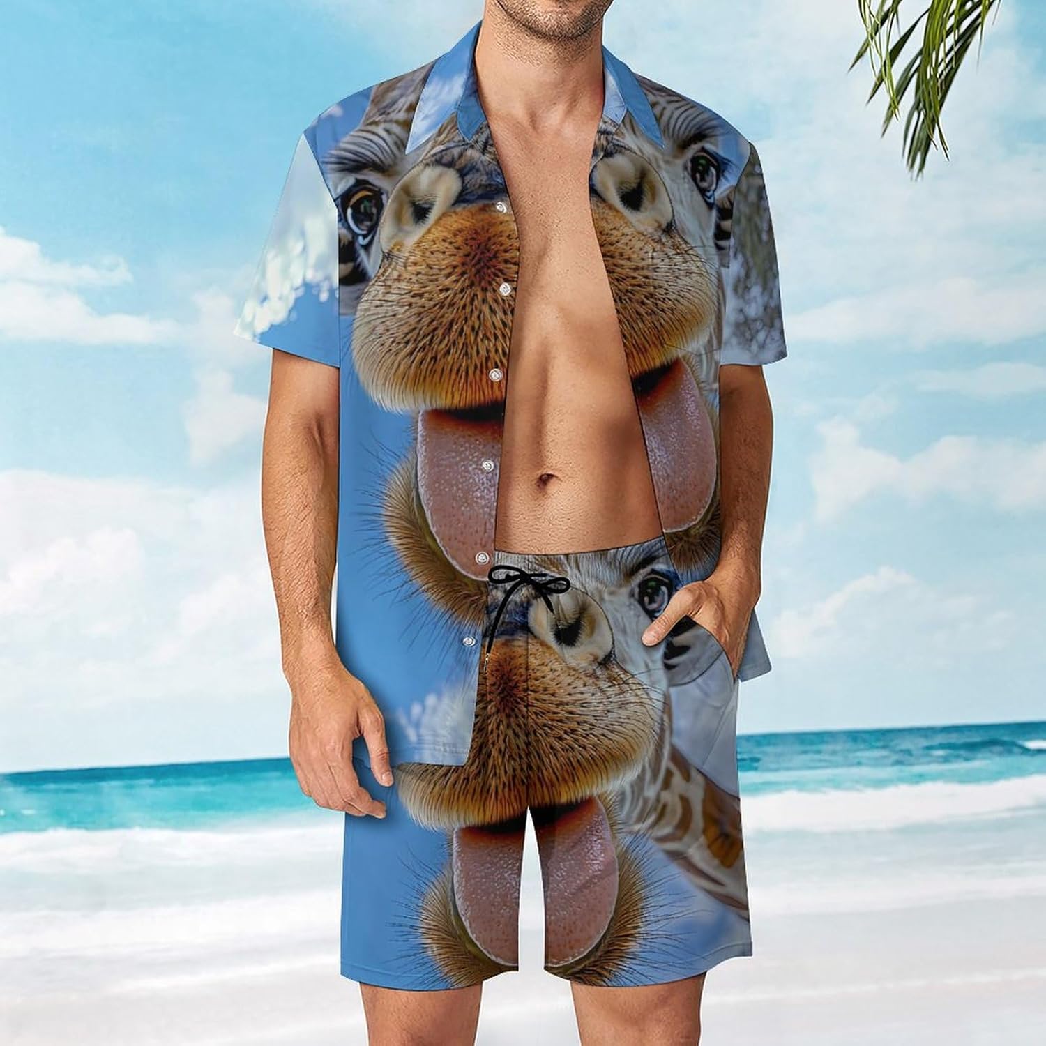 Selfie Photo of Giraffe Men's Summer Beach Outfits Shirt And Shorts Set 2 Piece Vacation Swimwear