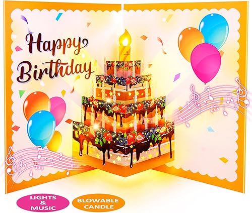 Miniatura 1 de Tarjetas de cumpleaños, tarjetas de cumpleaños musicales desplegables con luz, vela de luz LED soplada y reproduce música de feliz cumpleaños,
