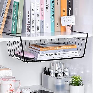 Taylor & Brown Under Shelf Storage Basket, 2-Pack Under Shelf Hanging Metal Wire Storage Basket Organizer for Kitchen, Office, Pantry, Bathroom, Cabinet (Black)