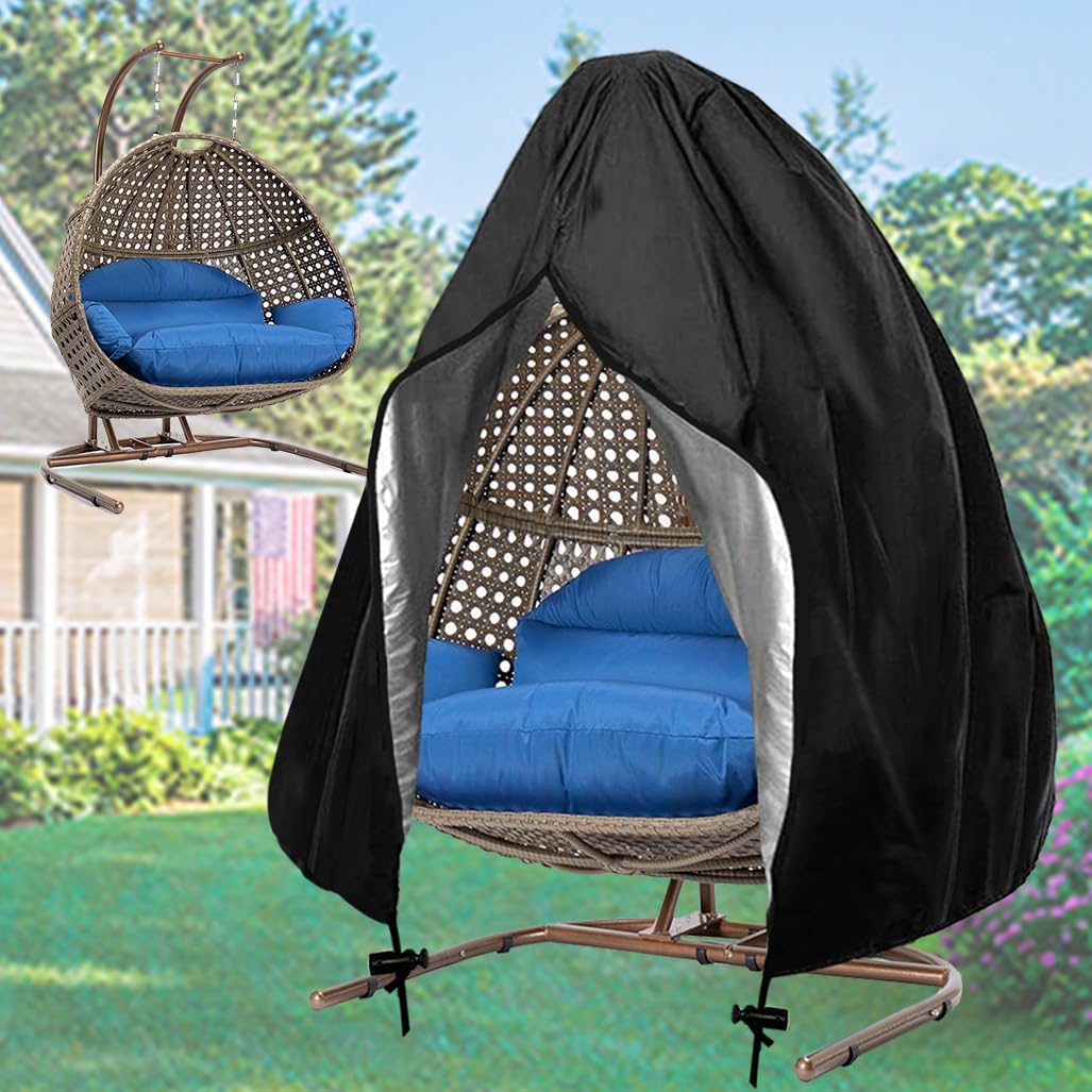 Double Seat Egg Chair Cover Waterproof Patio Wicker Swing Chair Covers with Zipper Outdoor 2 Person Hanging Garden Egg Chair Cover 91" H x 80" D, Black