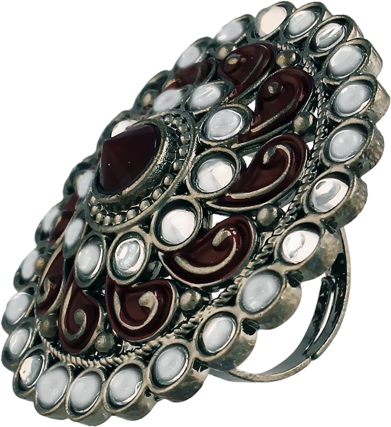 I Jewels Silver Oxidized Indian Wedding Bollywood Kundan Meenakari Work Designer Adjustable Finger Ring for Women (FL200)