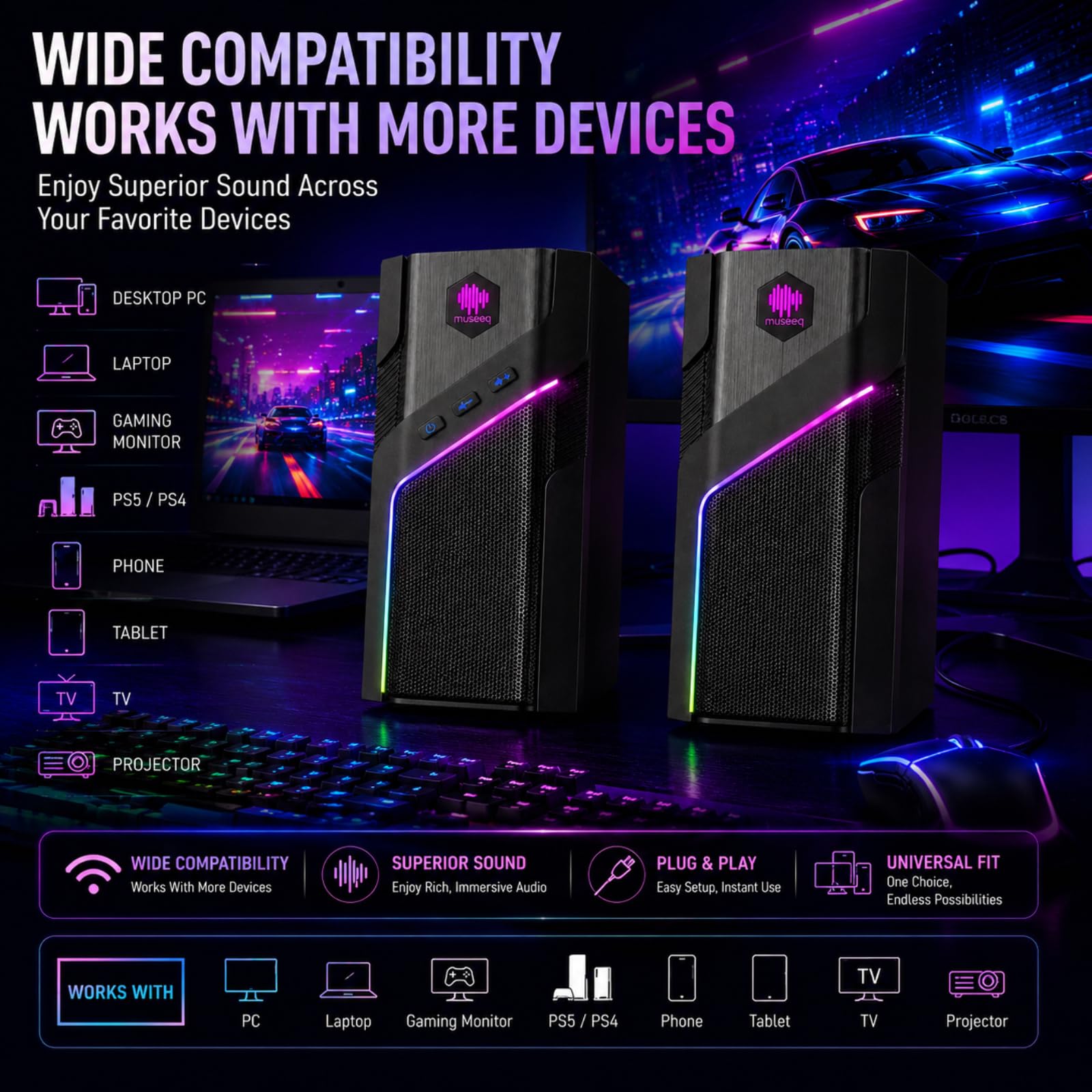 Altoparlanti Bluetooth RGB da scrivania, altoparlanti stereo per computer a 2.0 canali con 21 modalità di luce LED, suono dei bassi migliorato, alimentazione USB con AUX da 3,5 mm per giochi