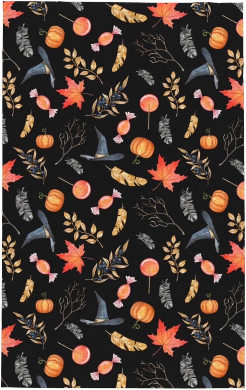 Kitchen Towel Halloween Autumn Pumpkin Leaf Witch Dish Cloth 16" x 26" Dish Towel for Drying Dishes Tea Towel Kitchen Decor with Hanging Loop Reusable Cleaning Cloth