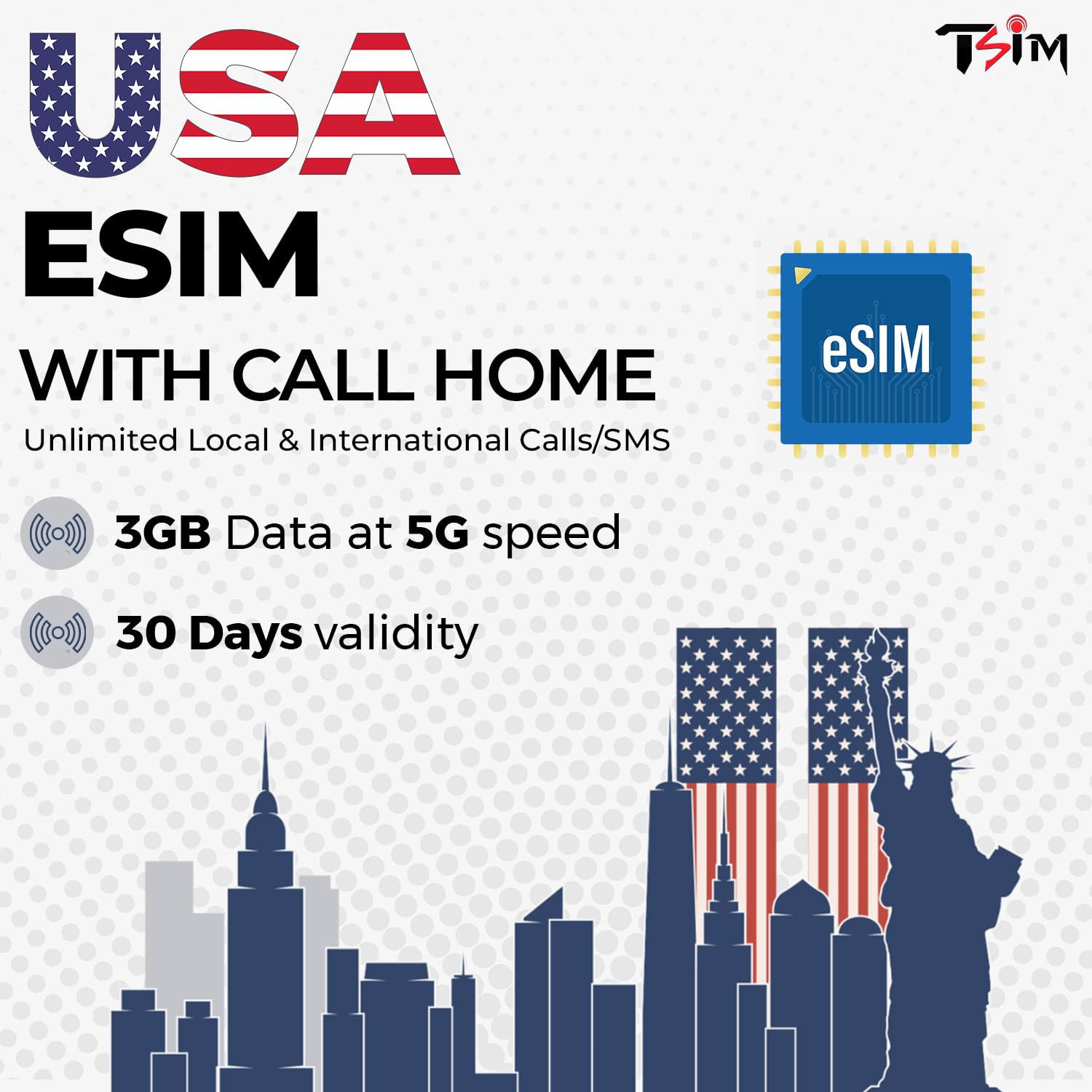 Amazon.co.jp: USA eSIM – 3GB 5Gデータ | 無制限の市内通話および国際