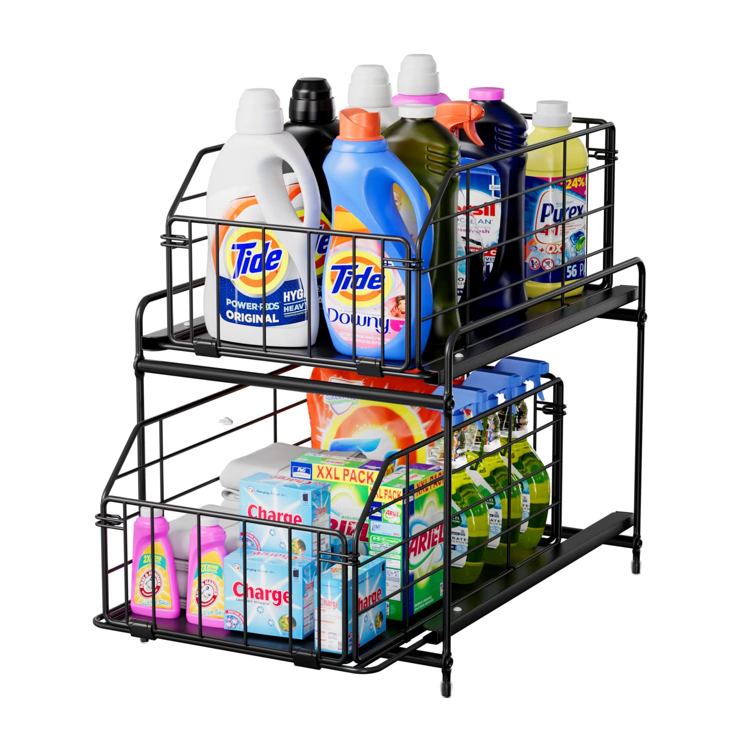 Pull Out Under Sink Organizer, 2 Tier Slide Out Cabinet Drawer Organizer, Metal Basket Home Shelf for Bathroom or Kitchen, Sliding Countertop or Pantry Organization Storage, Large Black
