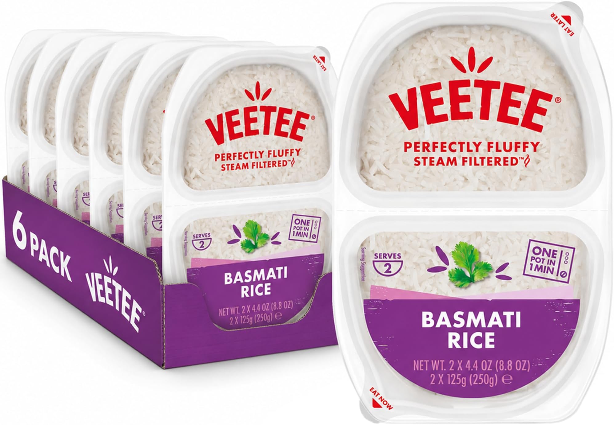 โ Veetee Basmati Rice Pots 2 x 125g,box of 6 | Perfectly Fluffy Basmati Rice, Ready in 60 Seconds, Steam Filteredโข, Serves 2, Gluten Free, Vegan, Pack of Six
