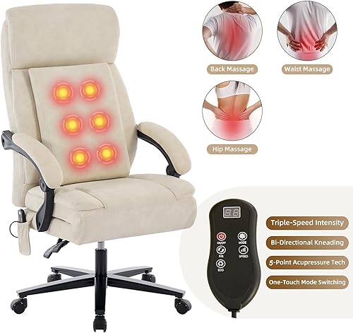 Miniatura 4 de DYHOME Silla de oficina de cuero beige con masaje y reposapiés, sillas de escritorio de tareas resistentes, sillas ergonómicas giratorias para