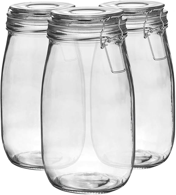 3X 1500ml (1.5 Litre) Clear Glass Storage Jars with Clear Airtight Silicone Seal and Metal Clip Lids - 50.7oz Large Empty Kitchen Containers - by Argon Tableware