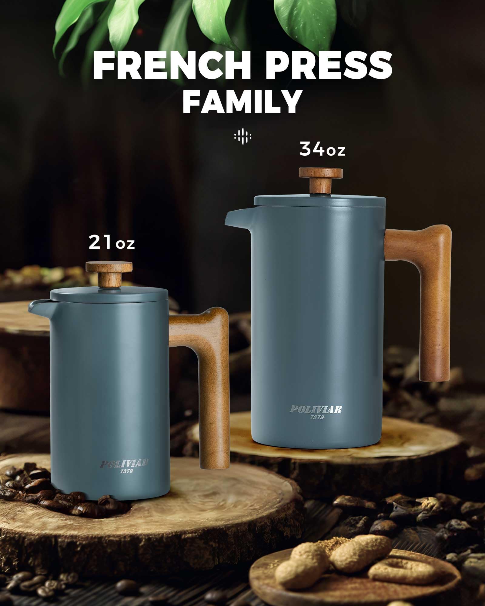 POLIVIAR – Cafetière à piston à piston à 4 tasses avec poignée en bois – Cafetière à piston en acier inoxydable pour un bon café et thé – Cafetière isotherme à double paroi avec 1 filtre