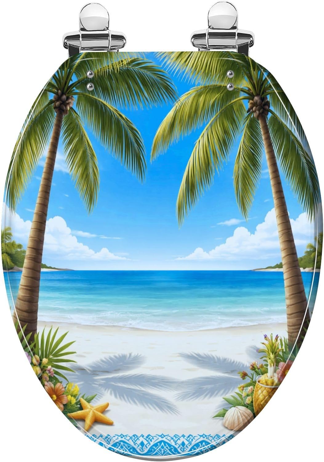 Elongated Toilet Seat Tropical beach palm trees sea Resin Toilet Seat Quietly Close Quick Release Hinges with Cover Bumpers Decorative Easy to Install Clean