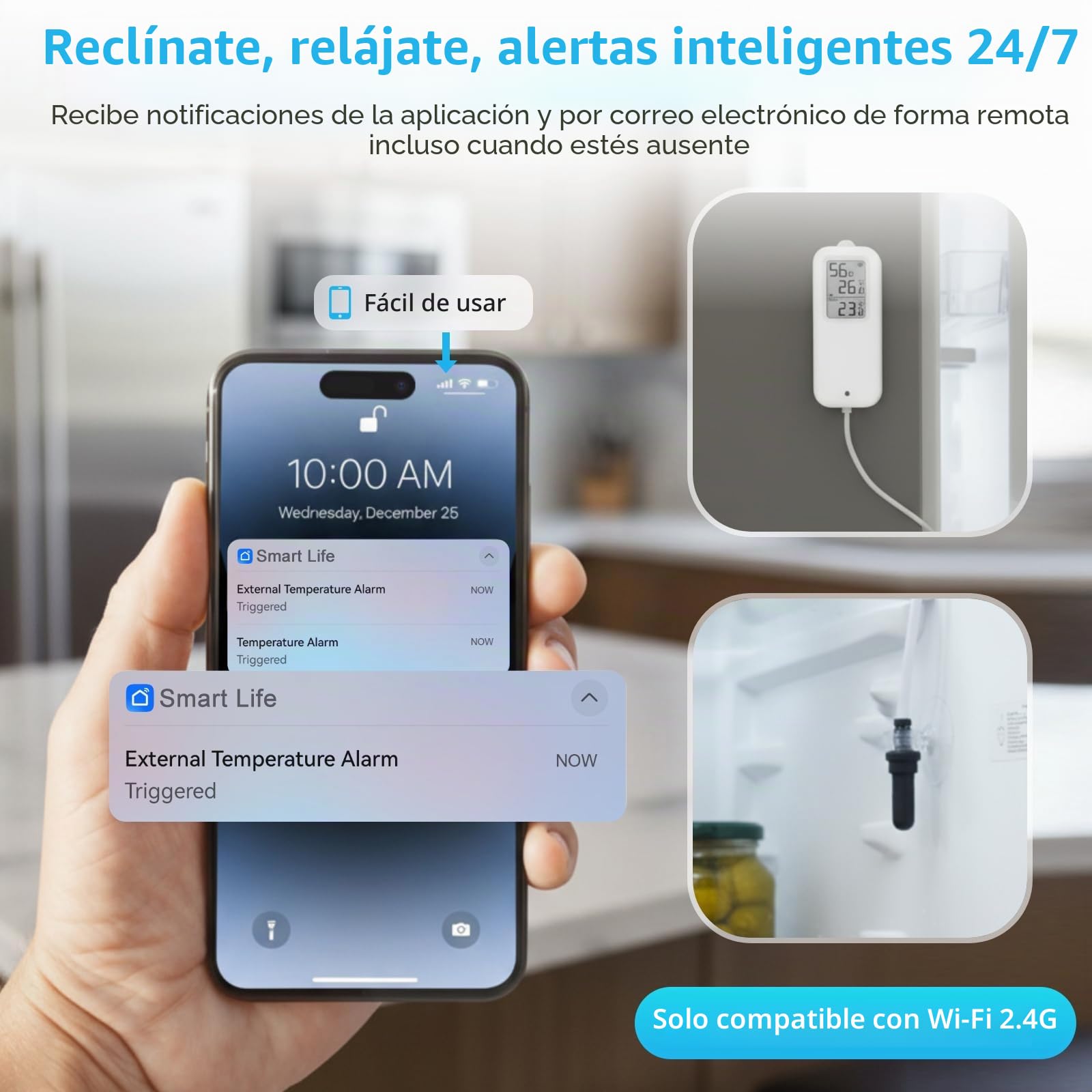 Daytech Tuya - Termómetro digital para frigorífico WiFi, temperatura digital con alerta de aplicación, registros de temperatura y humedad y exportación de datos gratis con sonda de 1 m de longitud