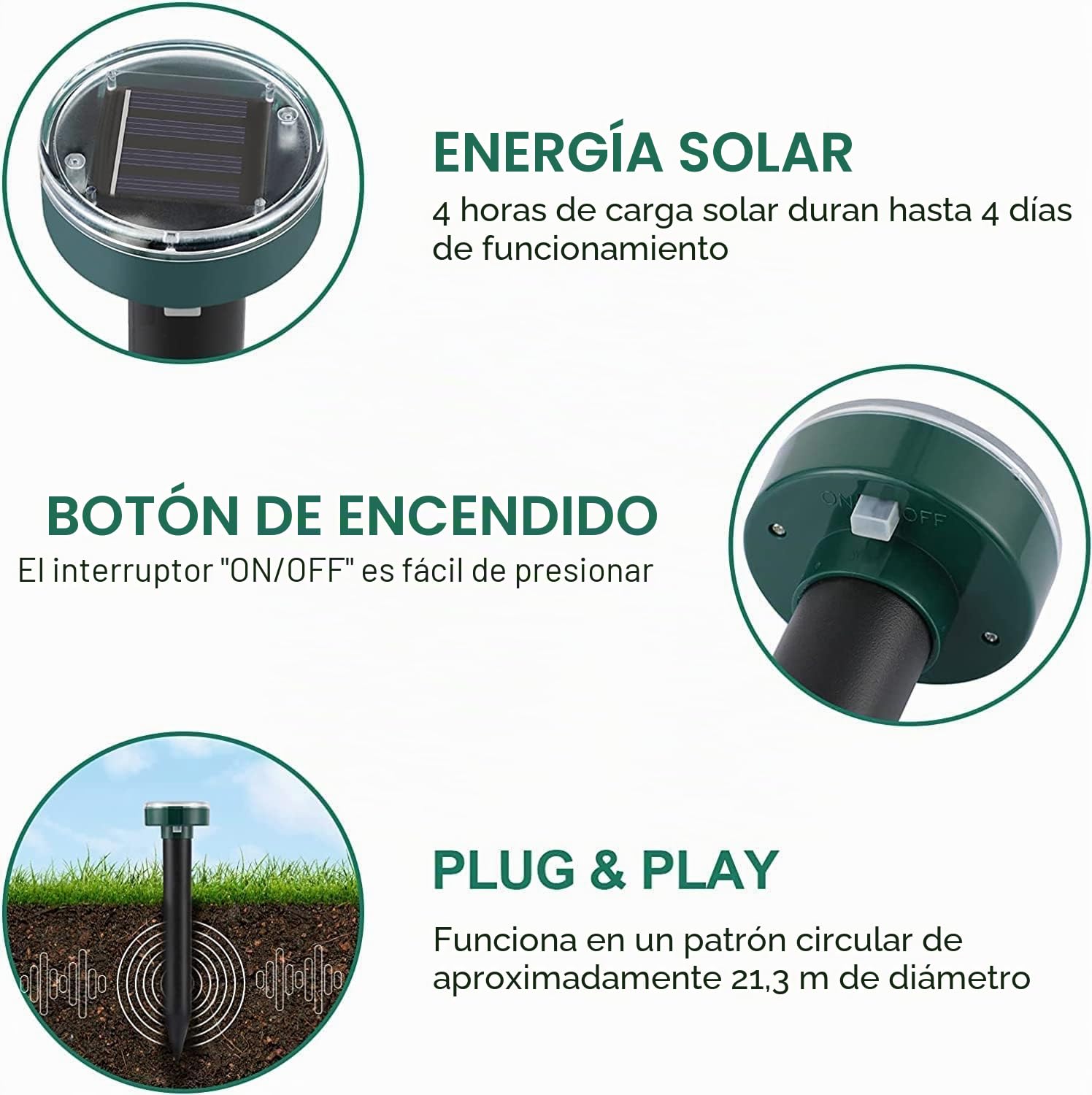 Ahuyentador de Topos Solar, Repelente de Ratones Ultrasónico,4 Piezas Ahuyentador Animales para Repeler Topillos, Serpientes y Roedores de Jardines,Anti Topos,contra Plaga
