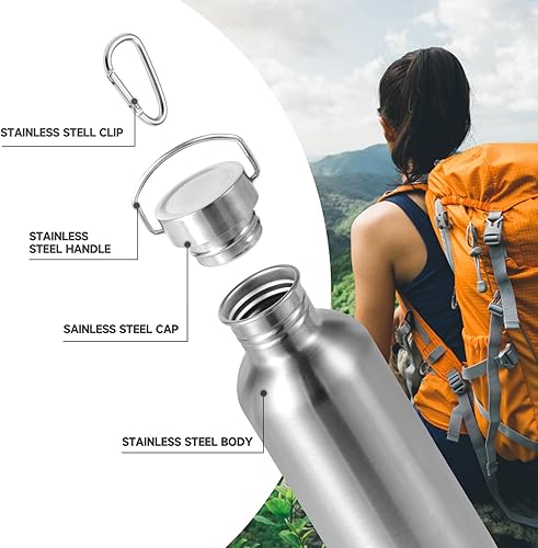 Miniatura 6 de Volhoply Paquete de 4 botellas de agua de una sola pared sin aislamiento de 32 onzas, botella de agua deportiva de acero inoxidable con asa, sin