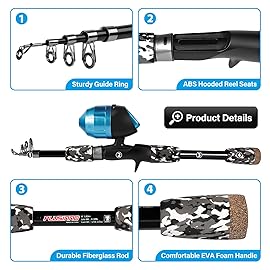 PLUSINNO Kids Fishing Pole with Spincast Reel Telescopic Fishing Rod Combo Full Kits for Boys, Girls, and Adults(Black, 150cm 59.02In)