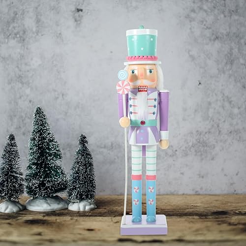 Vista 4 de Adorno de cascanueces de Navidad, figura de marioneta de madera para decoración festiva, pintada a mano, decoración de escritorio de Navidad, Violeta