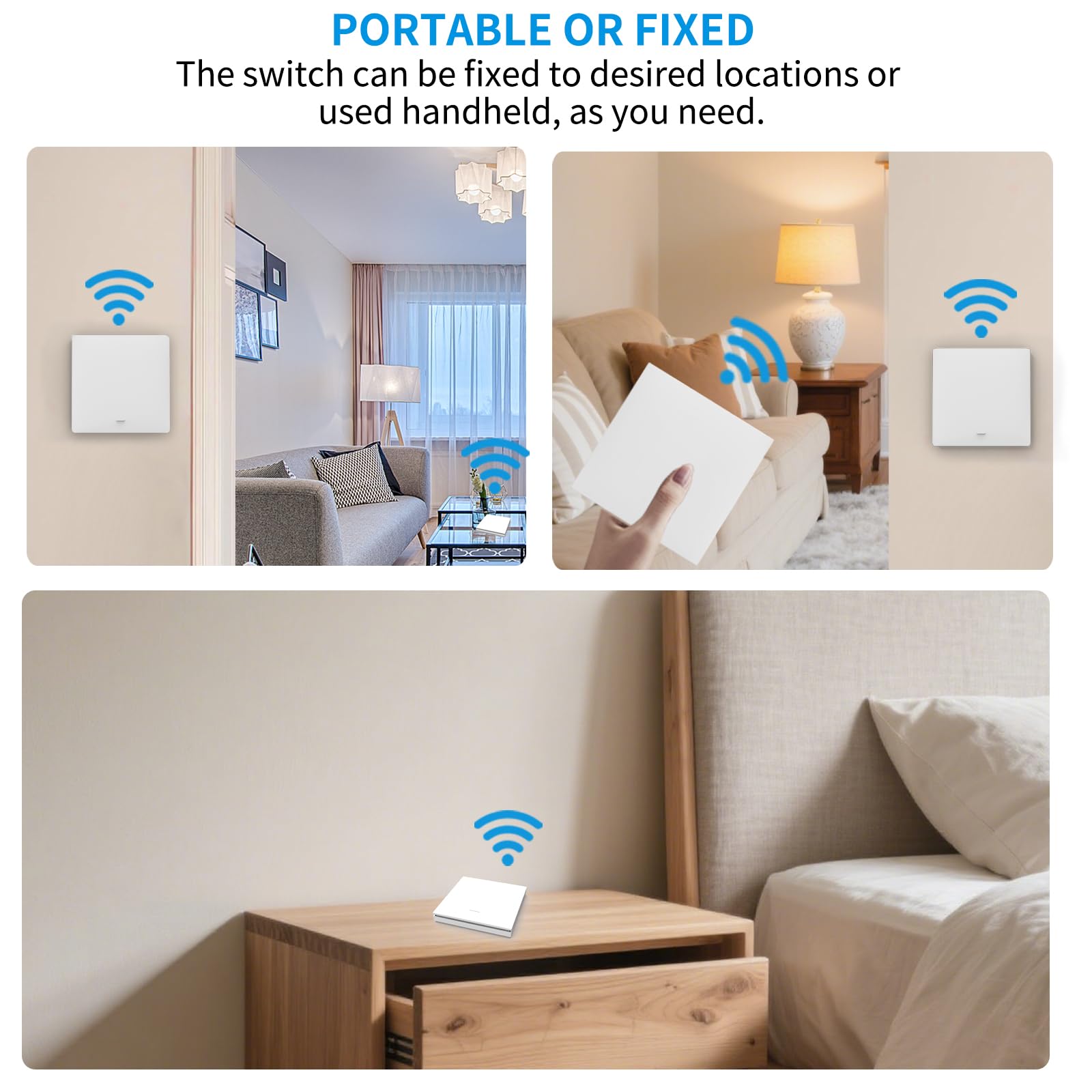 KADMOS Kit Prise Télécommandée et Interrupteur Sans Fil (Sans Pile), Interrupteur Cinétique Auto-alimenté 433MHz, 3500W, Commande à Distance pour Lampes et Appareils (Blanc, 2 Interrupteur + 1 Prise)