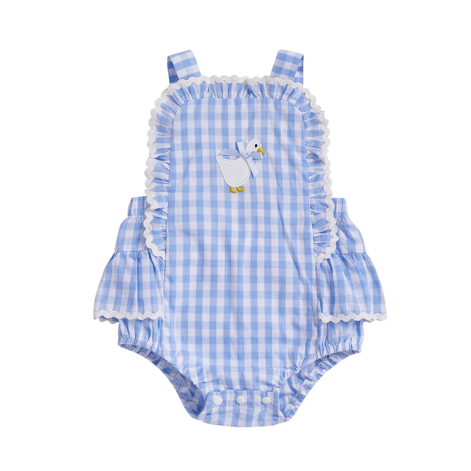 Baby Girl Summer Outfit Goose Embroidery Ruffle Sleeve Plaid Romper Overalls with Headband Infant Farm Clothes (2 Blue, 18-24 Months)