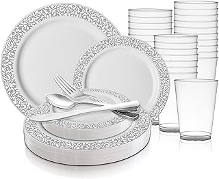 Elegant Disposable Plastic Dinnerware Set for 120 Guests - Fancy White with Blue & Silver Royal Dinner Plates, Dessert Salad Plates, Silverware Set & Cups For Wedding, Birthday Party & All Occasions