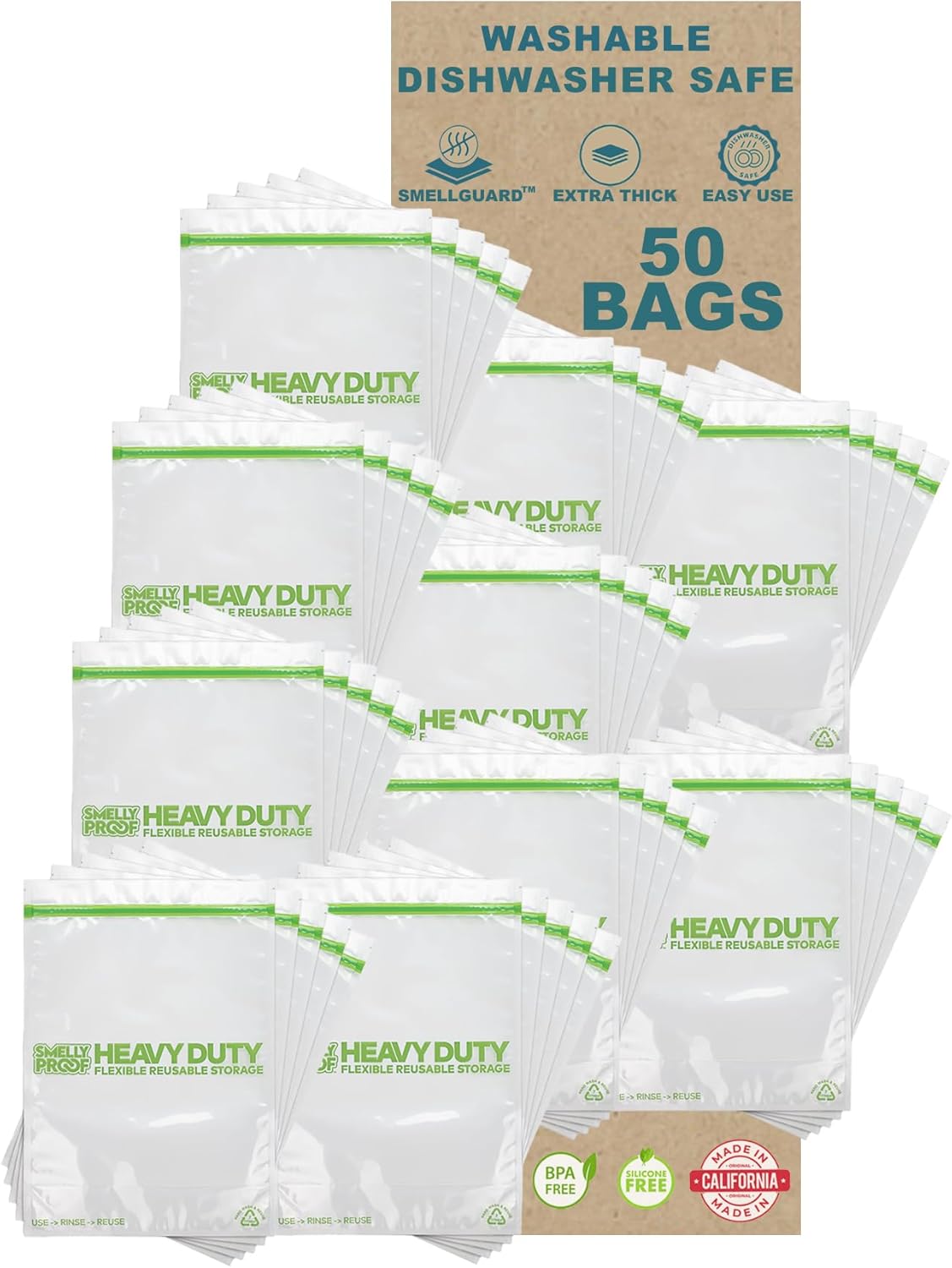 50 x HEAVY DUTY 5mils Thick Dishwasher-Safe STAND-UP Reusable Bags, US-MADE, Extra Durable Washable Reclosable Food Storage Extra Large Bags, XXL 12"x16" 2-Gallon 50-Pack
