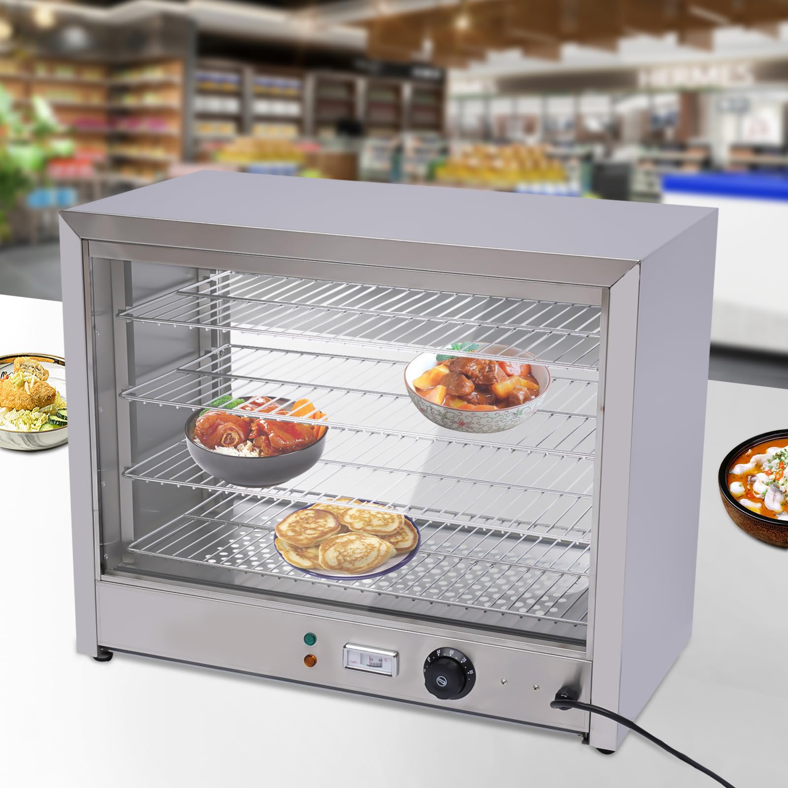 Vitrina para mantener el calor en el mostrador caliente, vitrina para comida, gasolinera Gastro, ideal para calentar pizzas, tartas, pollo asado, hamburguesas, hasta 85 °C, 220 V, 64 x 34 x 53 cm,