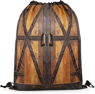 Castle Fairy Western Barn Door Drawstring Backpack Gym Bag,Vintage Wooden Door Cinch Bag,Rustic Farmhouse Foldable Draw String Back Bags Sports Bags,Brown