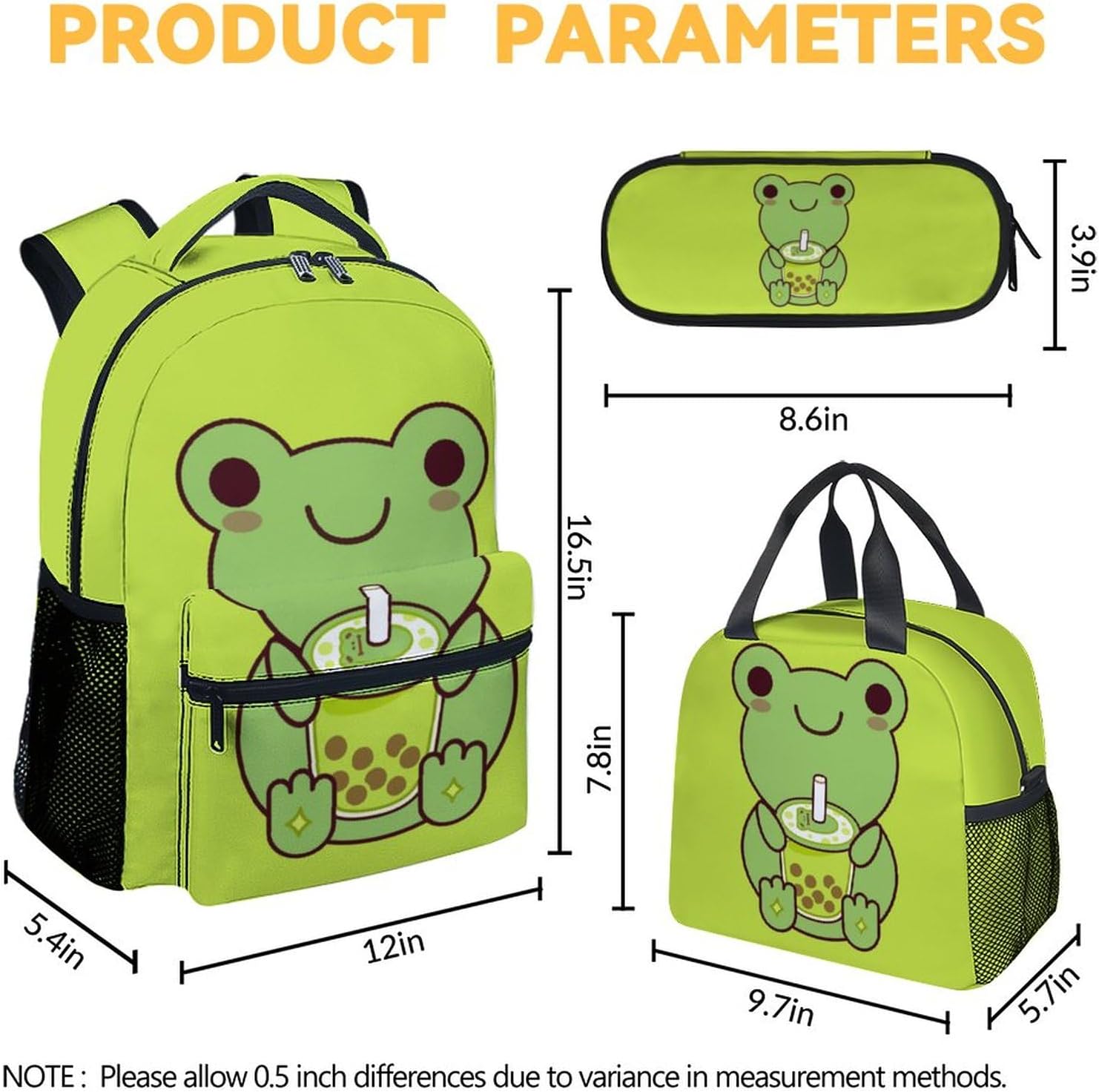 Frog Backpack with Lunch Box and Pencil Case, 16 Inch Frog Theme Bookbag with Adjustable Straps, Durable, Lightweight, Large Capacity, School Backpack for Girls Women