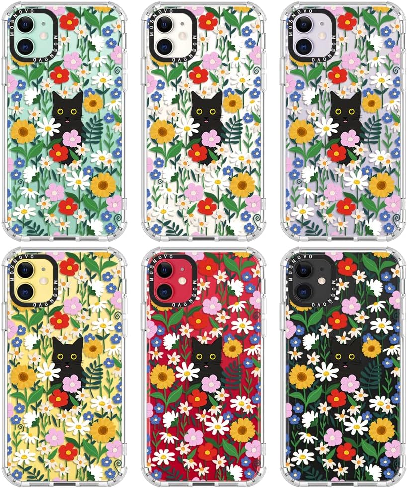 MOSNOVO Compatible with iPhone 11 Case, [Buffertech 6.6 ft Drop Impact] [Anti Peel Off Tech] Clear TPU Bumper Phone Case Cover with Cute Black Cat in Garden Designed for iPhone 11 6.1"