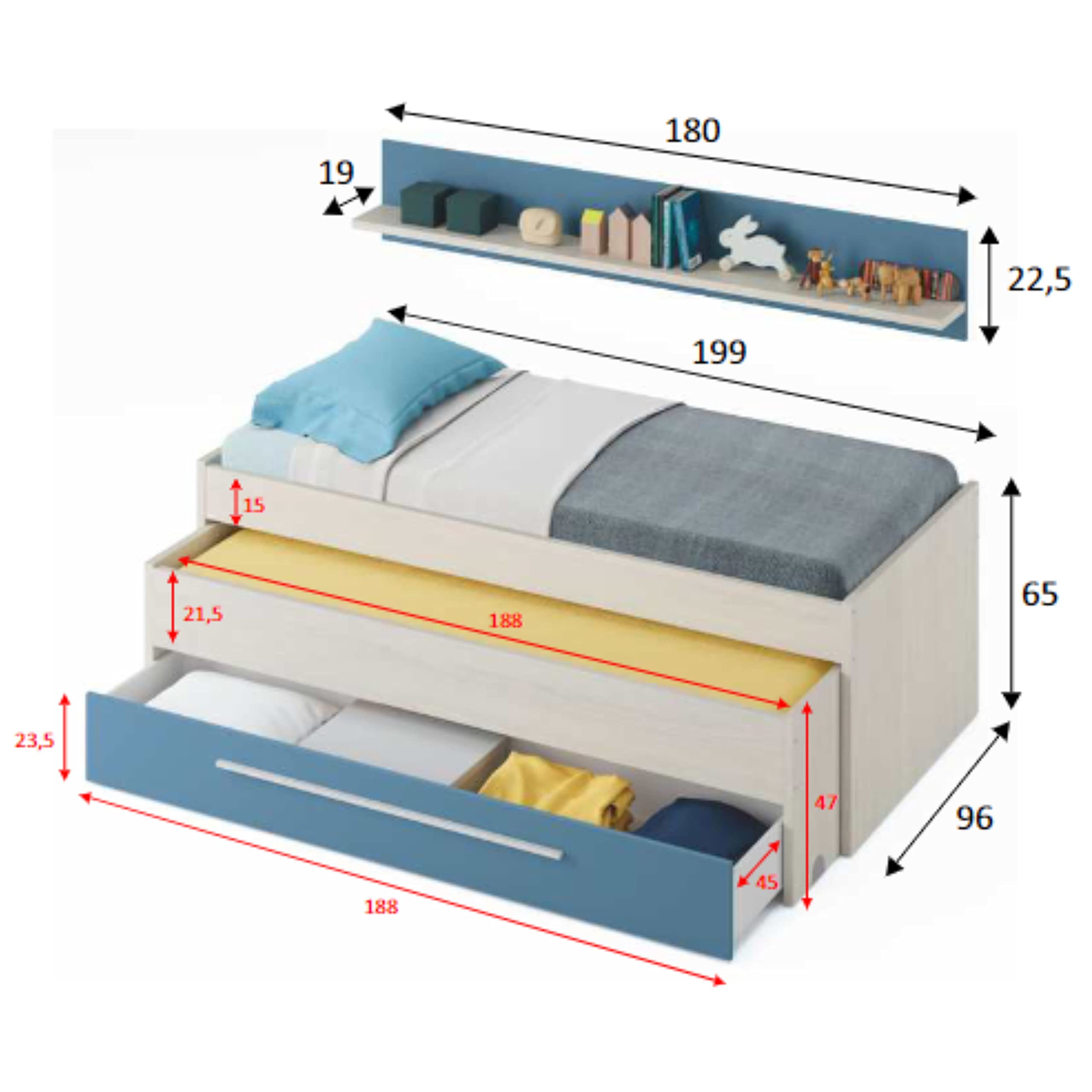 Miroytengo Pack habitación Juvenil con Cama Nido Estante de Pared, Armario y SOMIERES INCLUIDOS Color Blanco y Azul