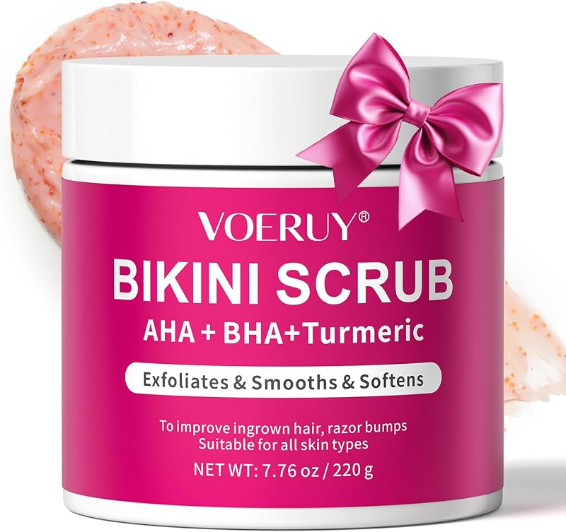Bikini Area Exfoliator with 10% AHA+BHA & Turmeric, Ingrown Hair & Razor Bumps for Bikini Underarm Area, Skin Moisturizing, Smoothing, Even Skin Tone Exfoliating Body Scrub with Walnut Shell Powder