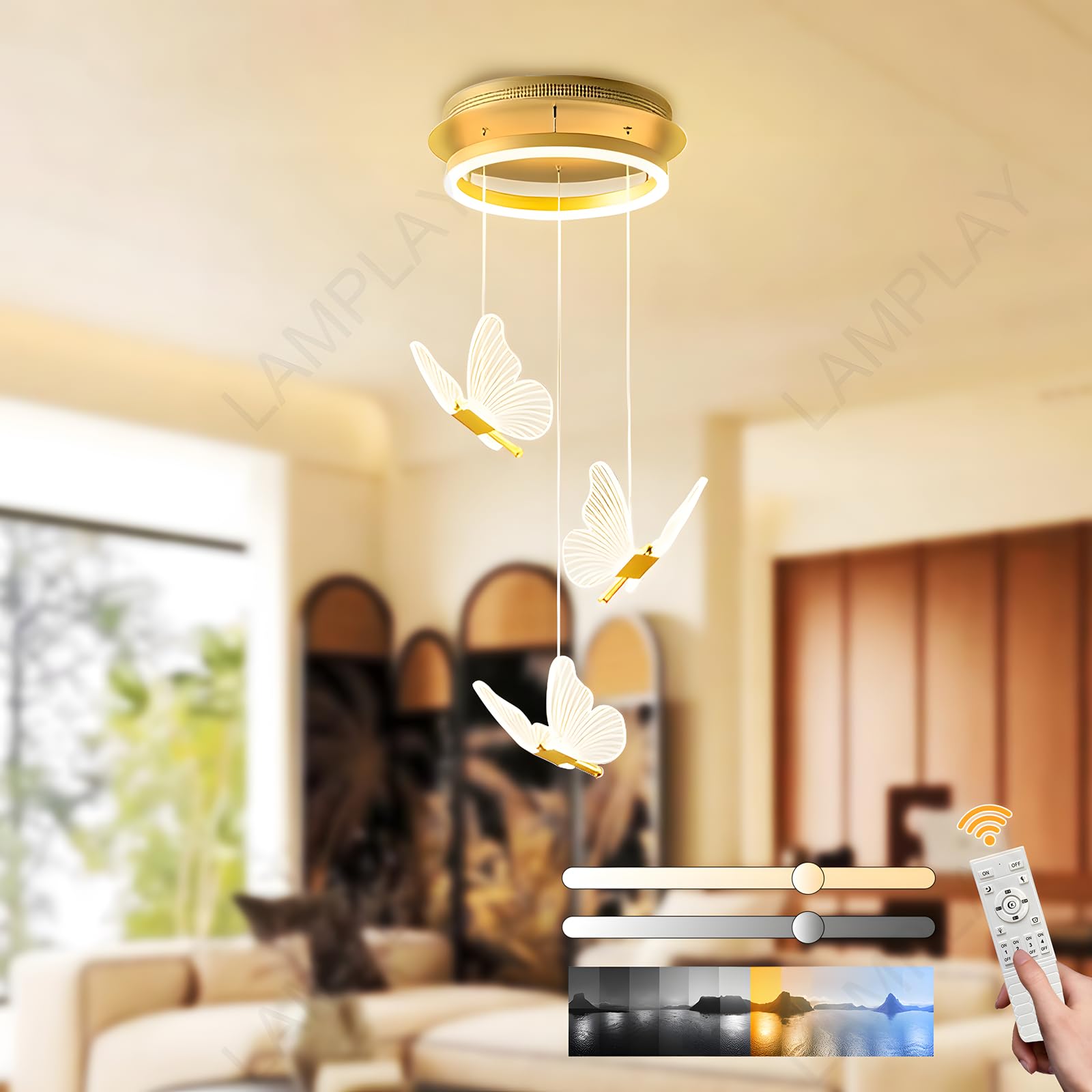 Lampadario Moderno A LED Dorato, Dimmerabile A 3 Luci A Forma Di Farfalla 3000K-6000K Con Telecomando, Lampada Da Soggiorno Regolabile In Altezza, Per Corridoio Sala Da Pranzo Scale Villa