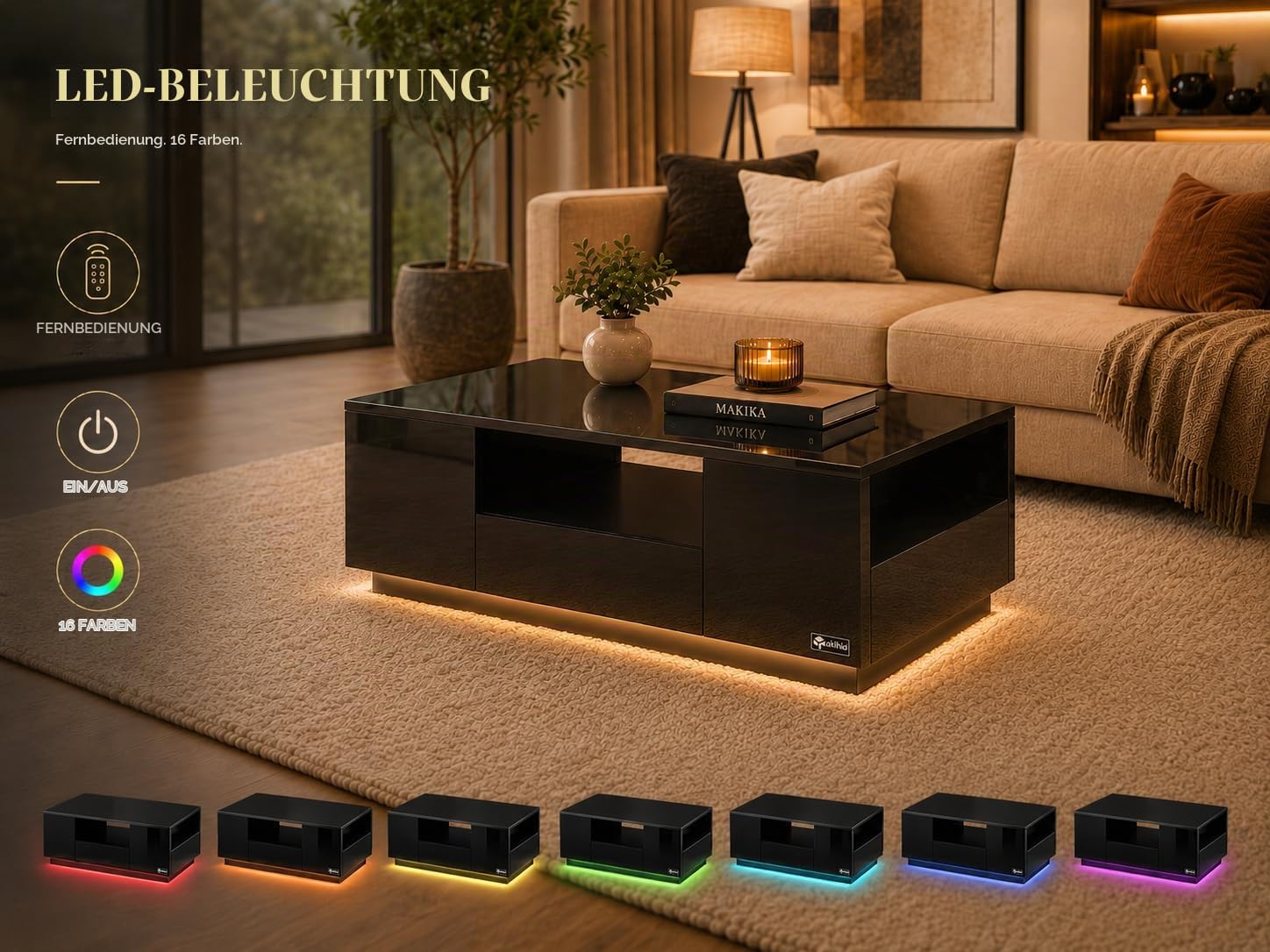 LED Couchtisch Wohnzimmertisch Sofatisch Kaffeetisch Beistelltisch - mit Ablage und Schubladen - Fernsehtisch aus Holz Wohnzimmer Möbel Tisch Kommode Fernseher Design - Schwarz Hochglanz