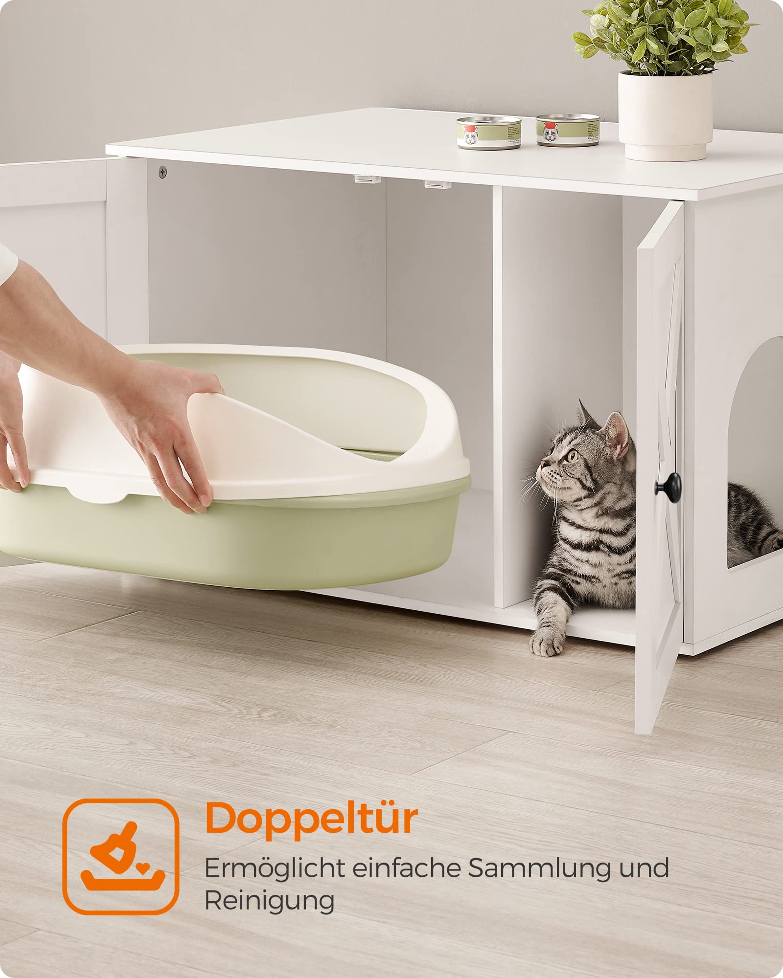Feandrea Katzenhaus, Katzenklo-Schrank mit herausnehmbarer Trennwand, Tisch, 80 x 53 x 50 cm, weiß PCL002W01