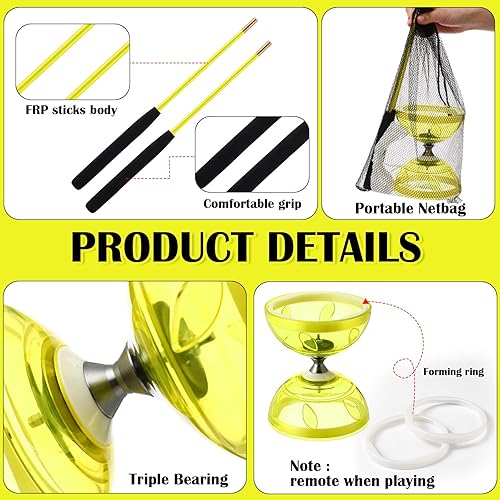 Miniatura 4 de El juego de diábolo chino Yoyo incluye colorido yoyo chino con 2 palitos de diábolo, 1 cuerda y 1 bolsa de red para diversión (amarillo)