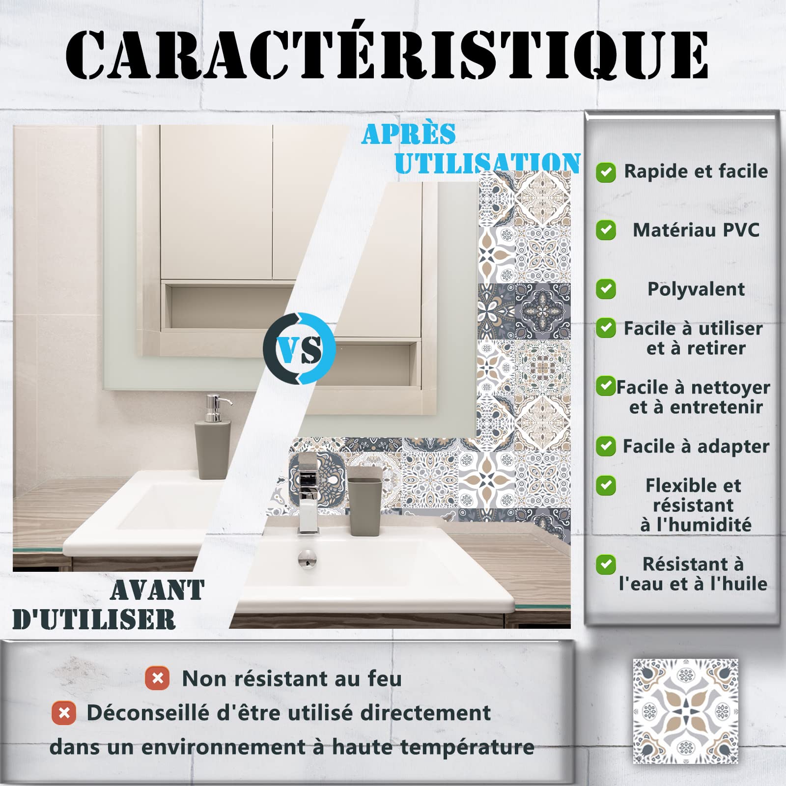 24 Carreaux Autocollants Rétro Gris 10x10cm - Stickers Muraux Étanches Cuisine Salle De Bain PVC