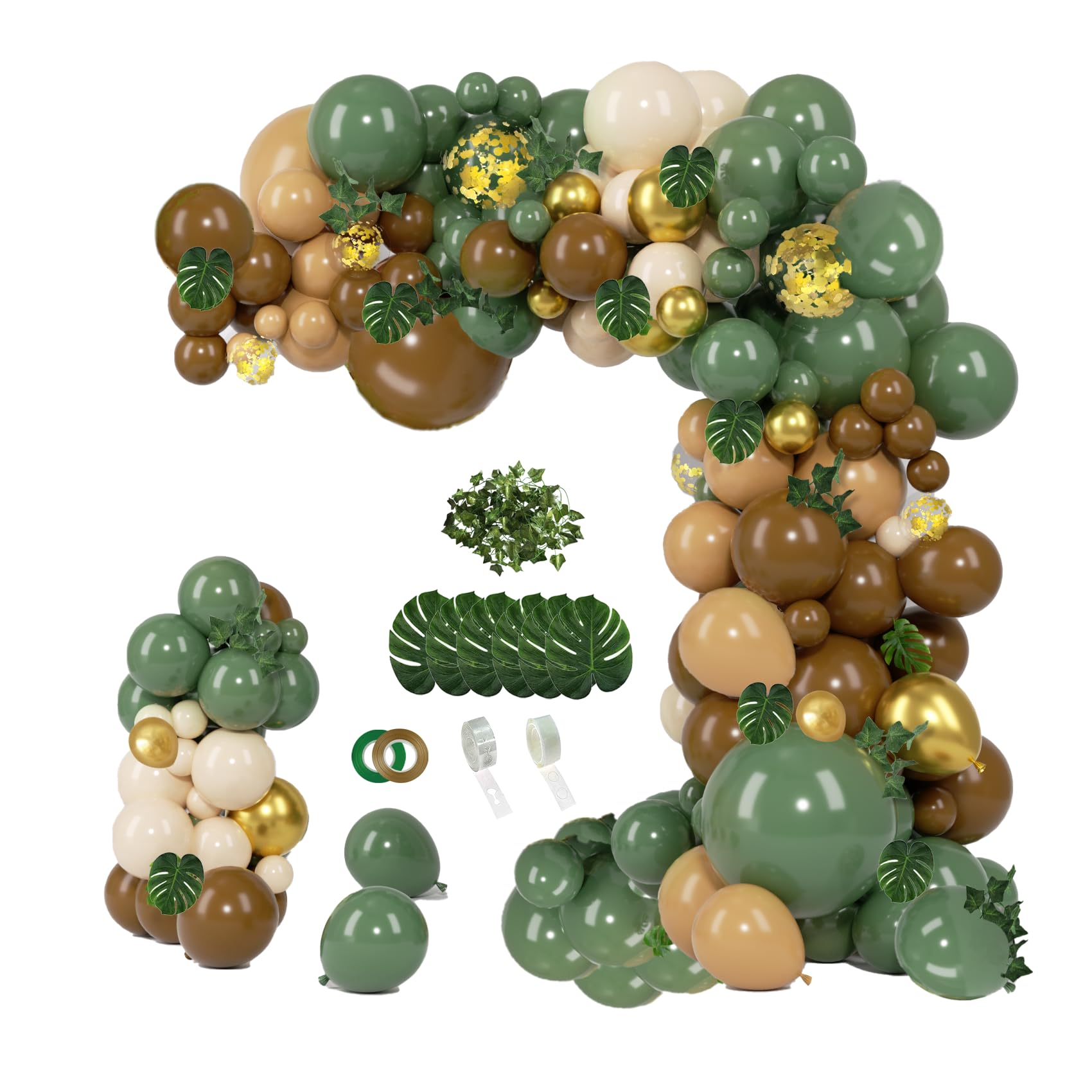 PERPAOL 140 pcs Jungle Safari Balloon Garland Kit, Sage Green Brown Safari Wild One Balloon Arch with Animal Print Balloons Palm Leaves for Wedding Woodland Tropical Birthday Shower Decorations