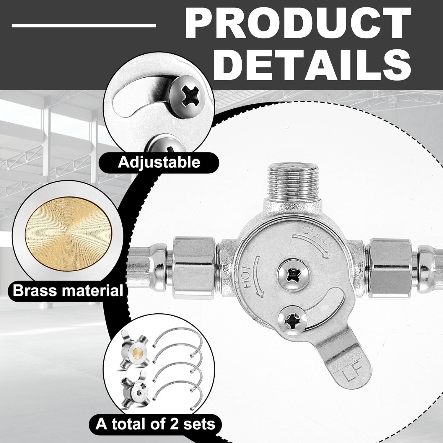 2 Pcs 3/8" Manual Mixing Valve Hot Cold Water Temperature Mixer Thermostatic Mixing Valve for Home and Bathroom Below Deck to Adjust Water Temperature, 4 Braided Faucet Connector Included