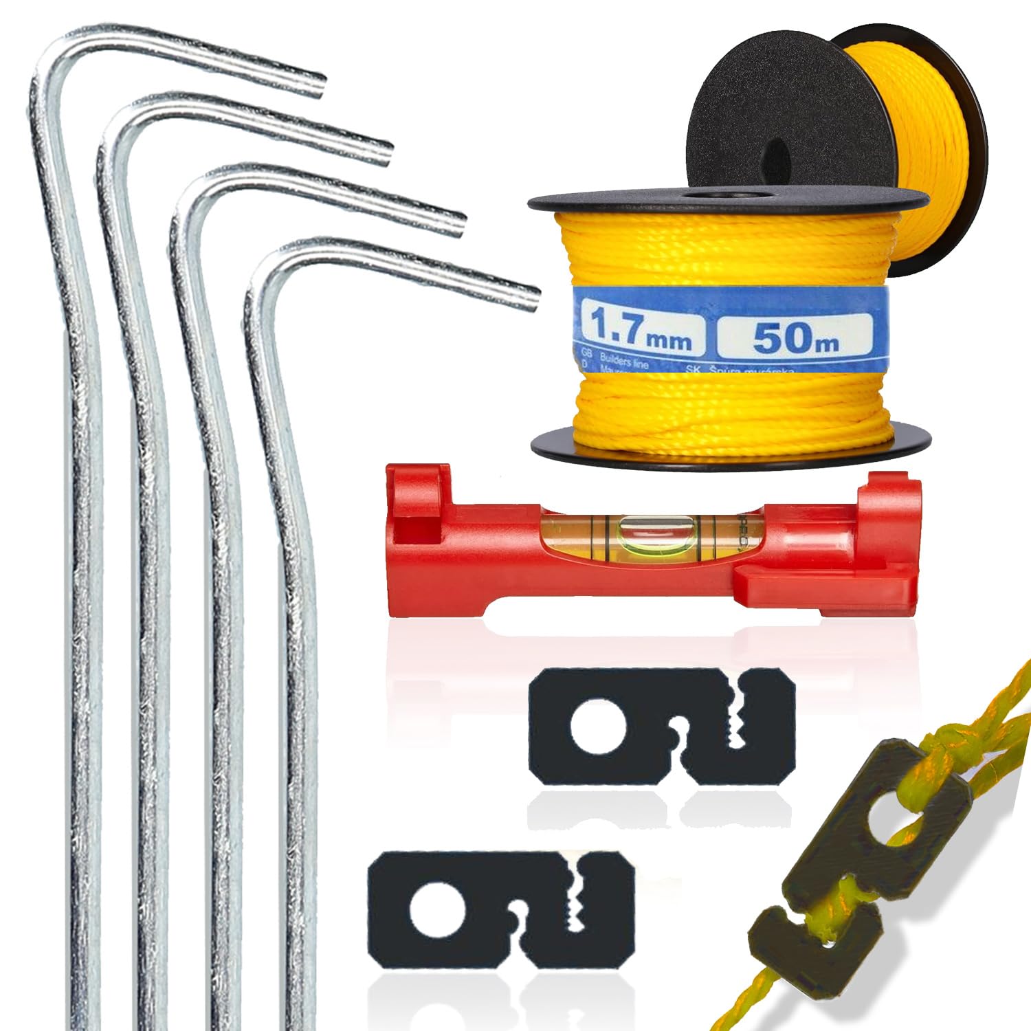 Bauschnur Maurerschnur Set 50m (1,7mm) - Richtschnur inkl. Schnurspanner Schnurwasserwaage 20cm verzinkt 3,5mm Erdnägel