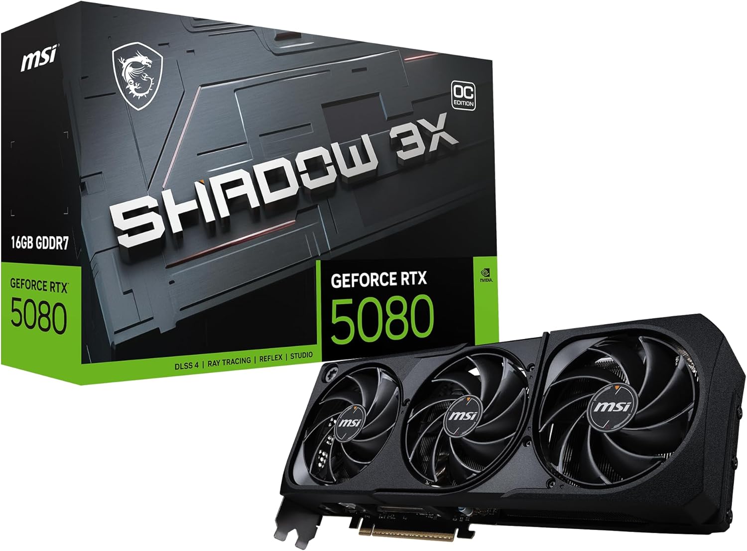 msi Gaming RTX 5080 16G Shadow 3X OC Graphics Card (16GB GDDR7, 256-bit, Extreme Clock TBD MHz, DisplayPort x 3 2.1a, HDMI 2.1b, NVIDIA Blackwell Architecture)