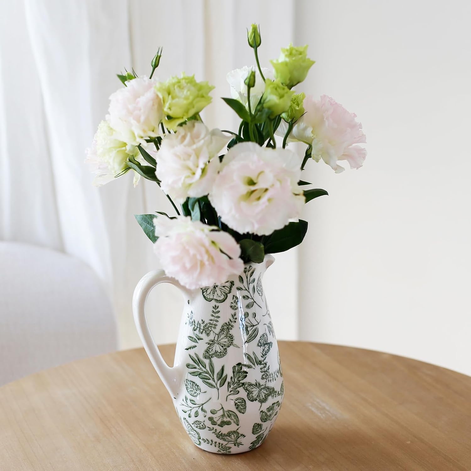 Decorative Ceramic Pitcher Vase, Green and White Floral Pattern, Large Flower Vase for Home Decor (Green and White, Medium)