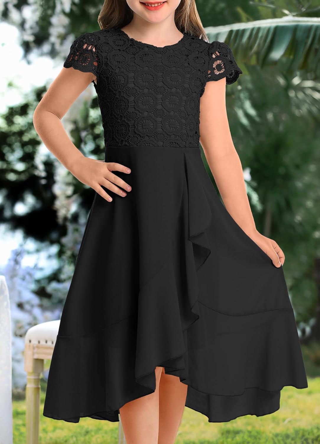 HOSIKA Girls Vintage Lace Chiffon Ruffle Sleeve A-Line Wedding Party Junior Bridesmaid Dress for Kids 6-12 Years