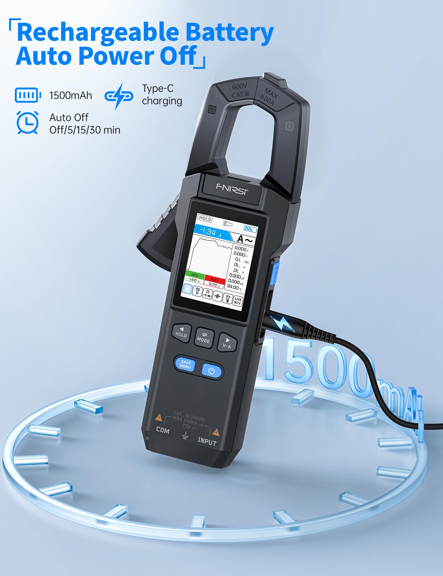 FNIRSI DMC-100 Clamp Meter 9999 Counts TRMS, 600A AC/DC Amp Meter — Amazon image 7