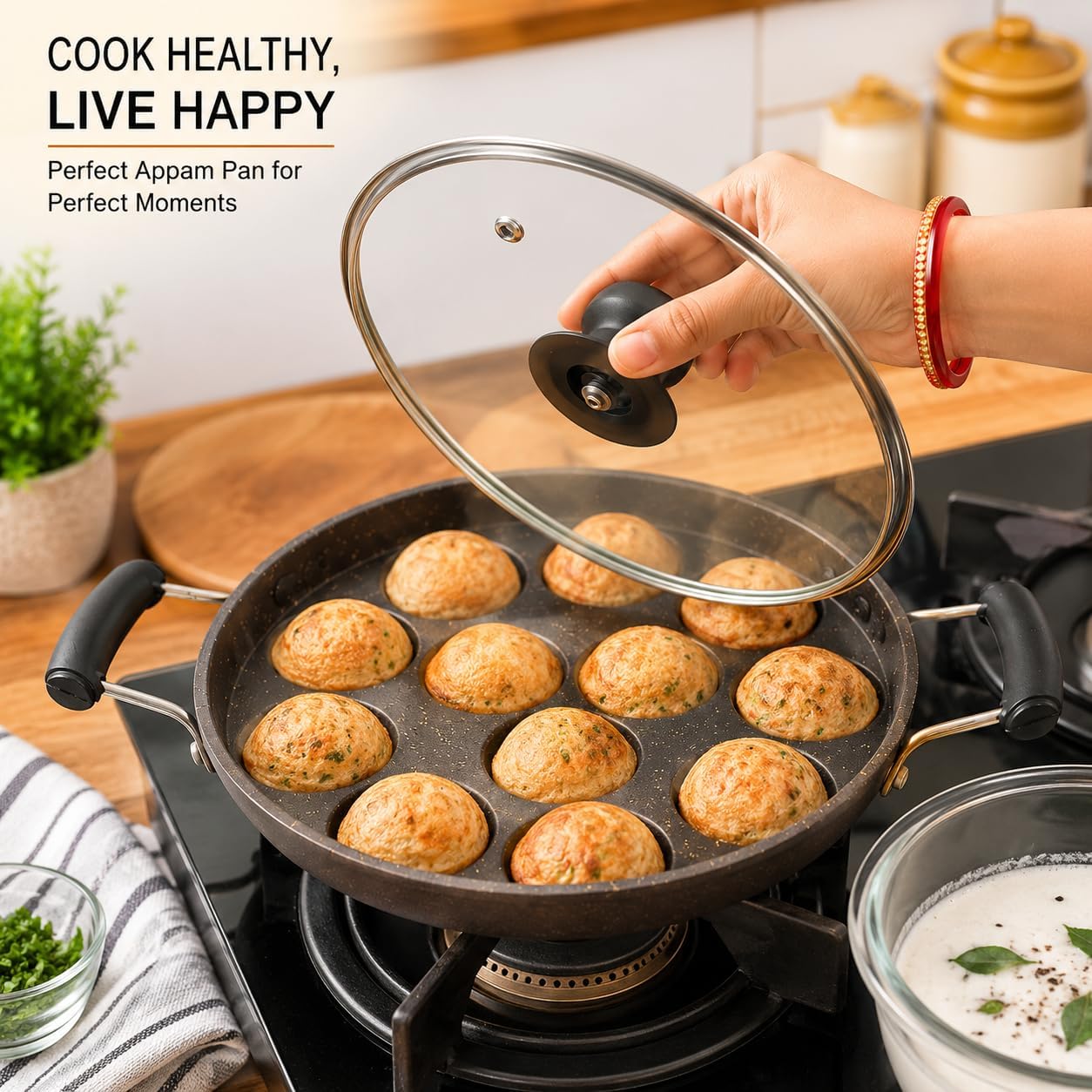 Appam Pan Nonstick Coating with Glass Lid Paniyaram Pan Appa Chetty Appam Maker Pan Diameter 9.5 Inch