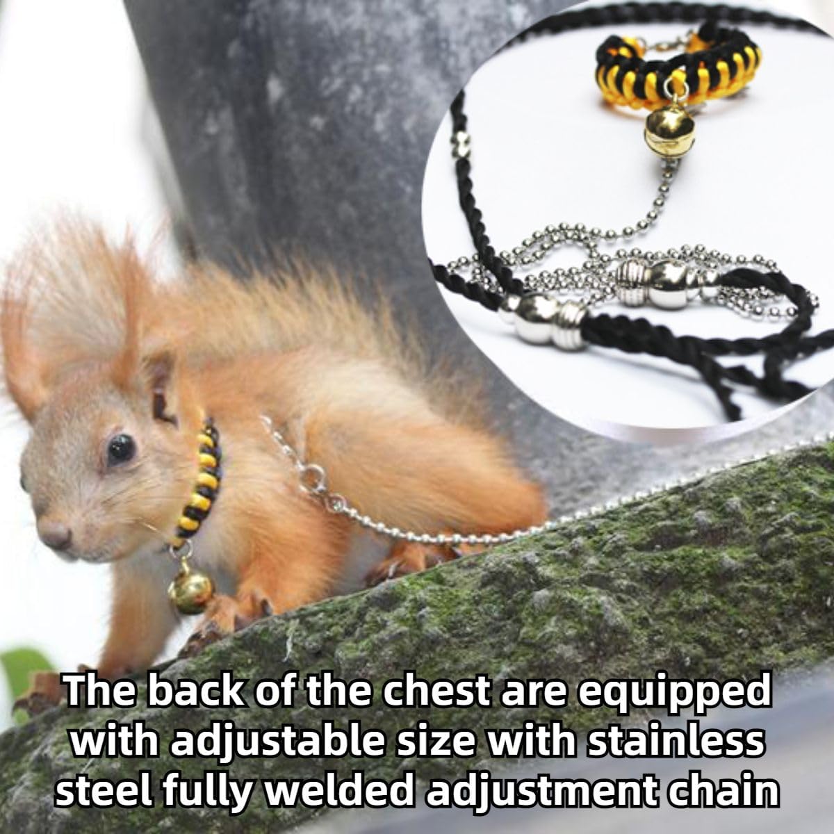 Squirrel Traction Rope Strap Anti-Biting Chain Rope, Small Animal Walking Collar Harness with Lead Leash for Hamster Gerbil Rat Mouse Ferret Chinchilla (Black with Orange)