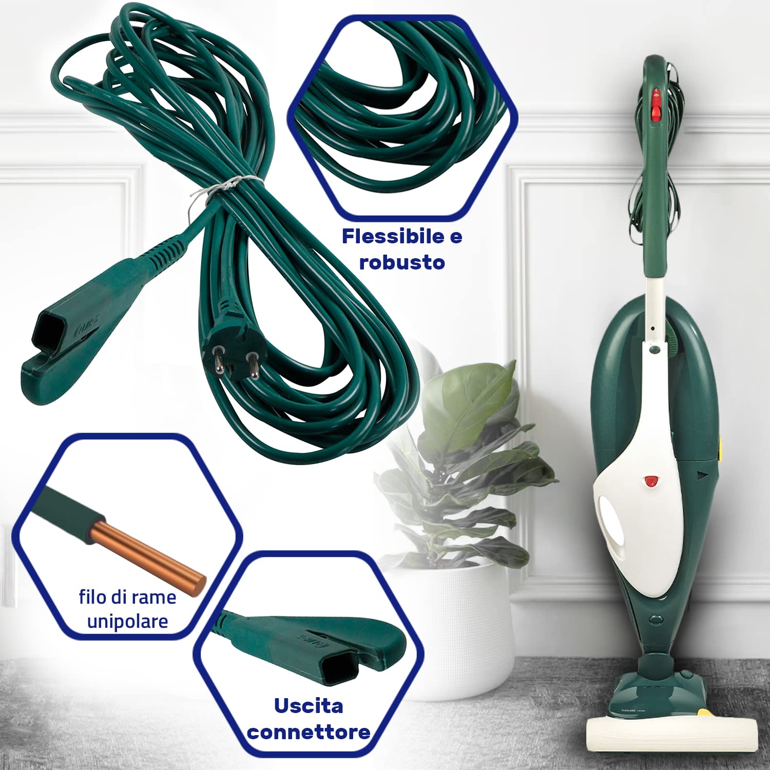 Cavo Filo Alimentazione x Aspirapolvere Folletto VK200/220 10 Metri Compatibile
