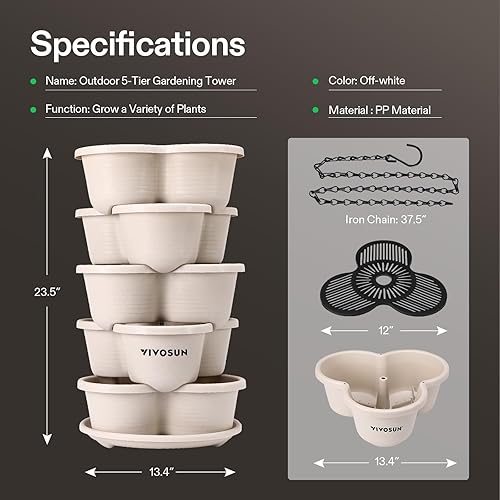 Vista 4 de VIVOSUN - Jardinera vertical apilable de 5 niveles para fresas, flores, hierbas y verduras, color marfil