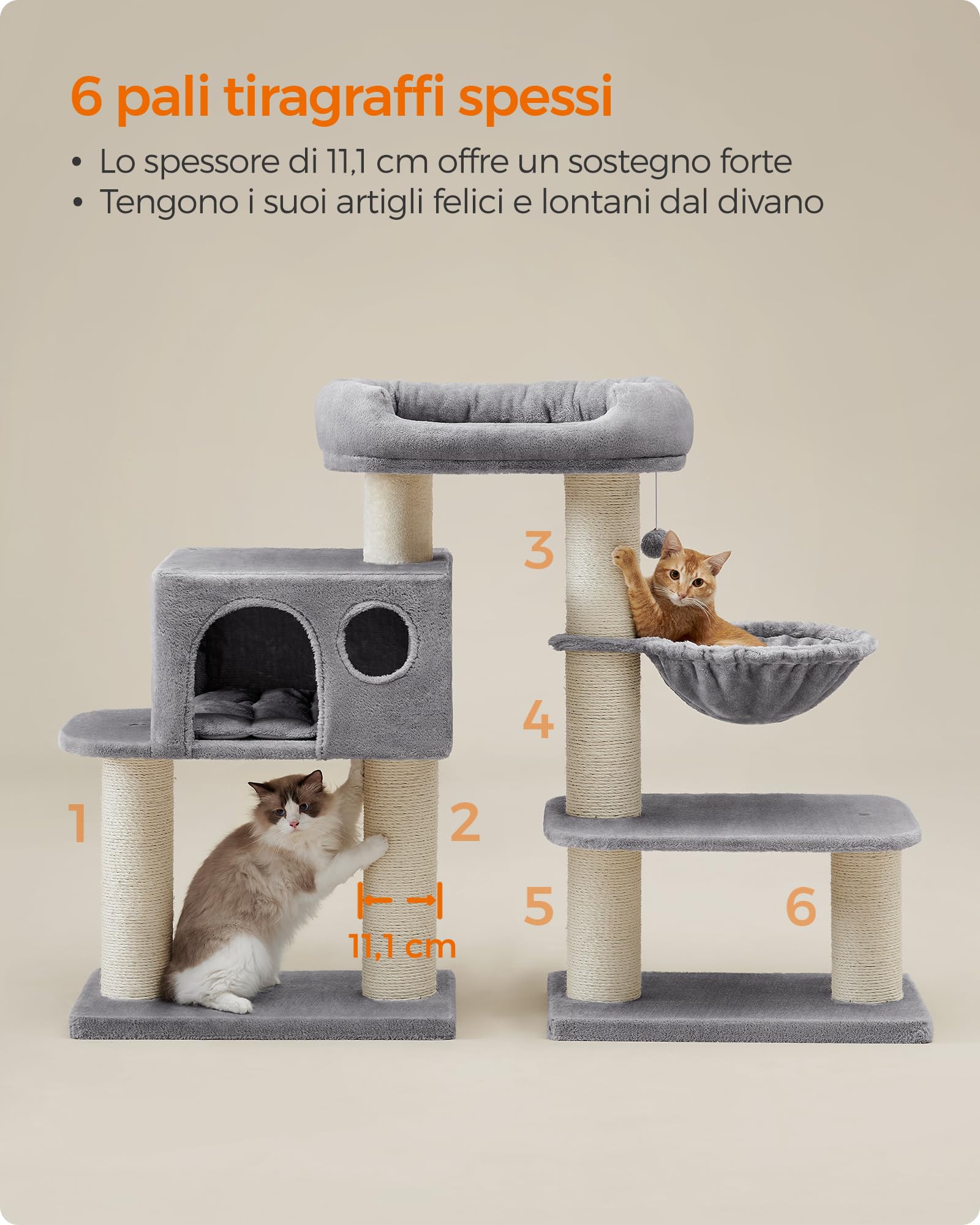 FEANDREA Tiragraffi, Albero per Gatti con Piazzola XXL in Peluche, Ampia Casetta e Cuccia Rotonda, unità Mobile, Spesse Colonne Completamente Rivestite in Corda Sisal, Stabile, Grigio Chiaro PCT01W