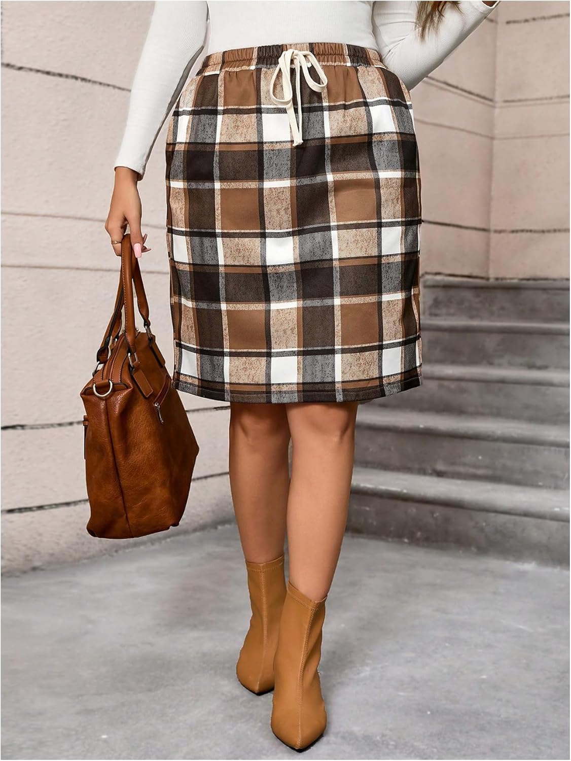 MakeMeChic Women's Plus Size Skirt Plaid Print Drawstring High Waisted Short Skirts with Pocket