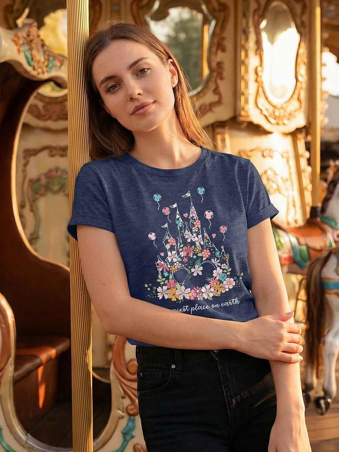 Magical Shirt for Women Happiest Place On Earth T-Shirt Balloon Flower Graphic Short Sleeve Tops Holiday Tee - Image 6