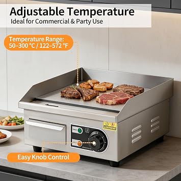 2000W Commercial Electric Griddle Stainless Steel Countertop Flat Top Griddle with Thermostatic Control, Teppanyaki Grill for Restaurants, Parties and Dinners