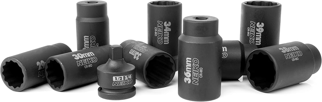 NEIKO 02531A 10 Piece 12 Point Socket Set 1/2 Drive, Lug Nut Remover, Spindle Nut Socket, Axle Nut Socket Set, Metric 29-39mm Socket 1/2 Drive Impact Set, Cr-Mo Impact Adapter, 3/4 -1/2 Reducer